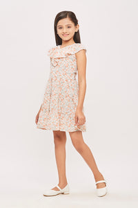 Tiny Girl  Cap Sleeves Frilled Neckline All Over Floral Garden Theme Printed Midi Dress - Peach