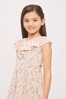 Tiny Girl  Cap Sleeves Frilled Neckline All Over Floral Garden Theme Printed Midi Dress - Peach