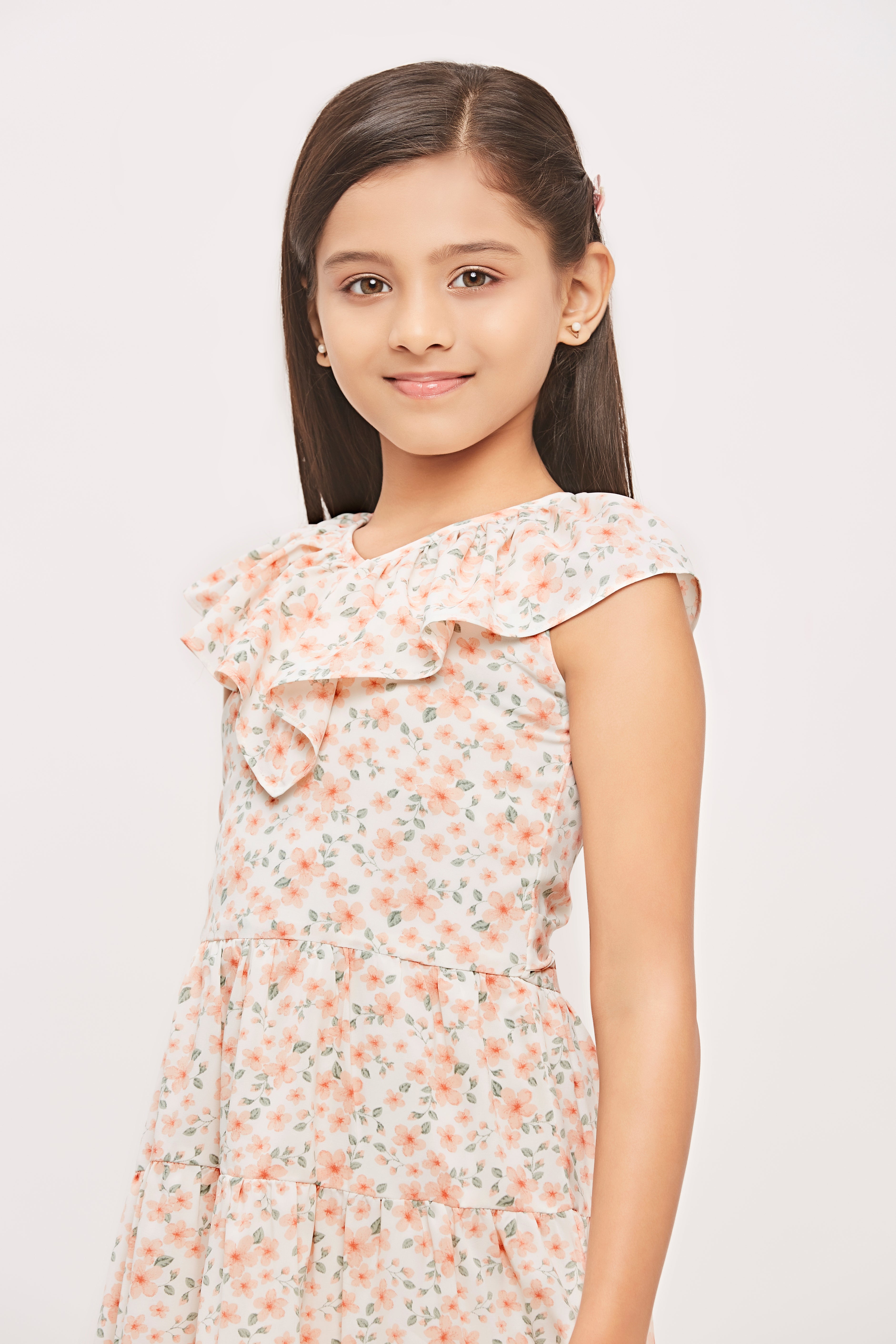 Tiny Girl  Cap Sleeves Frilled Neckline All Over Floral Garden Theme Printed Midi Dress - Peach