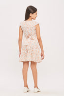 Tiny Girl  Cap Sleeves Frilled Neckline All Over Floral Garden Theme Printed Midi Dress - Peach