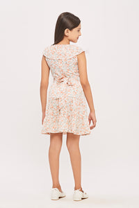 Tiny Girl  Cap Sleeves Frilled Neckline All Over Floral Garden Theme Printed Midi Dress - Peach
