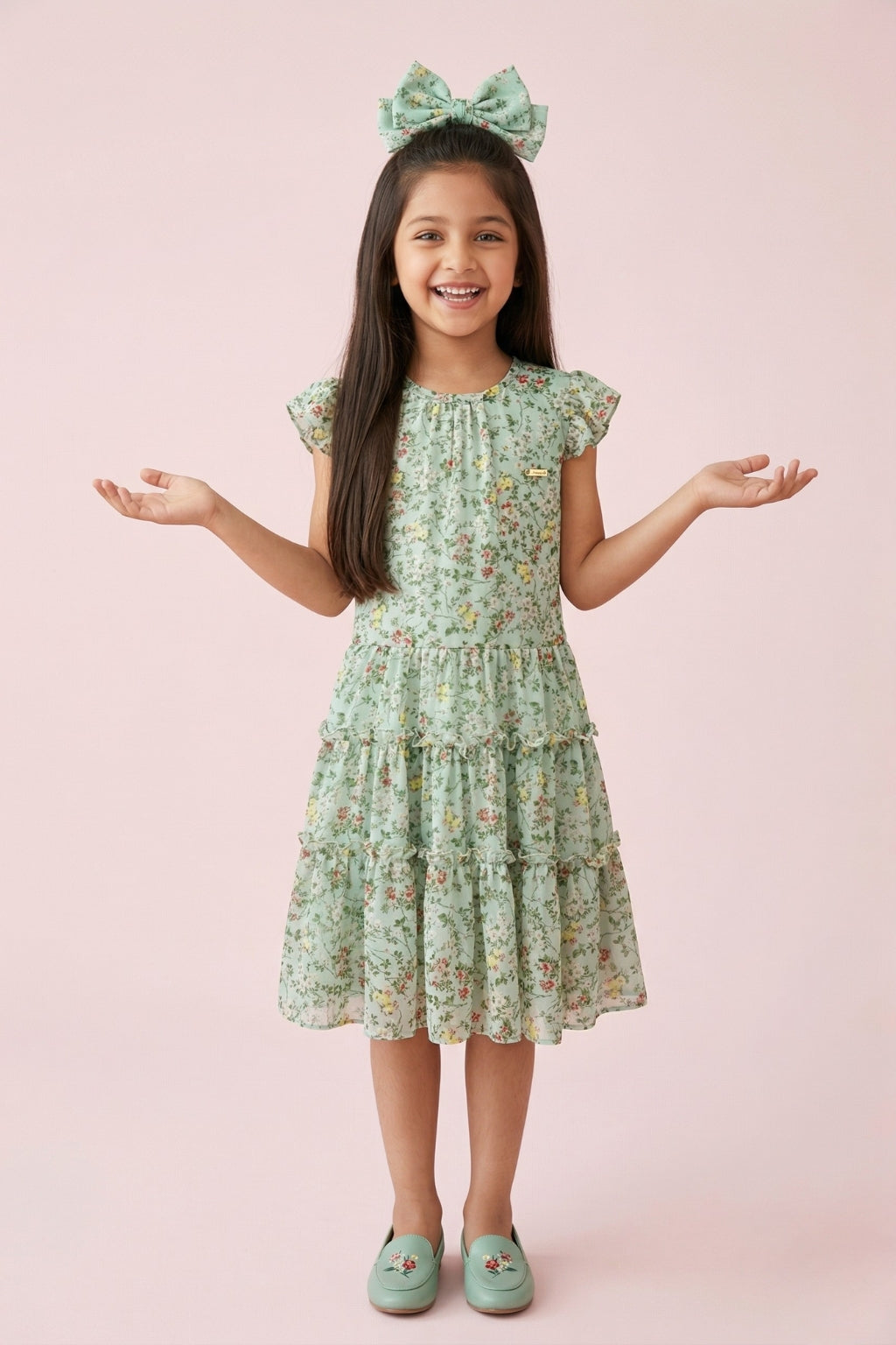Mint Green Floral Tiered Dress M2013