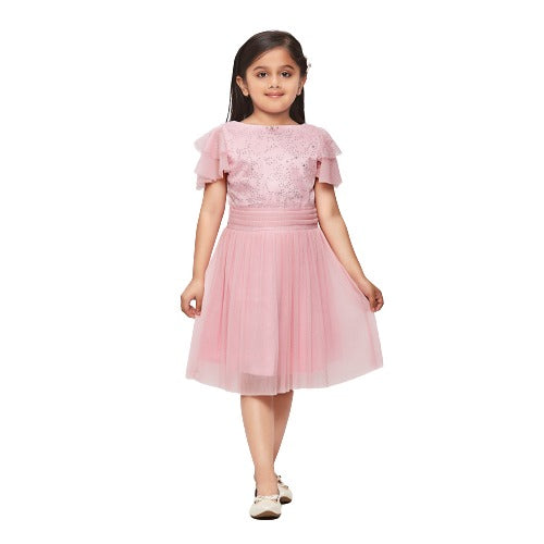 Tiny Girl  Half Sleeves Glitter Star Print Midi Dress - Pink