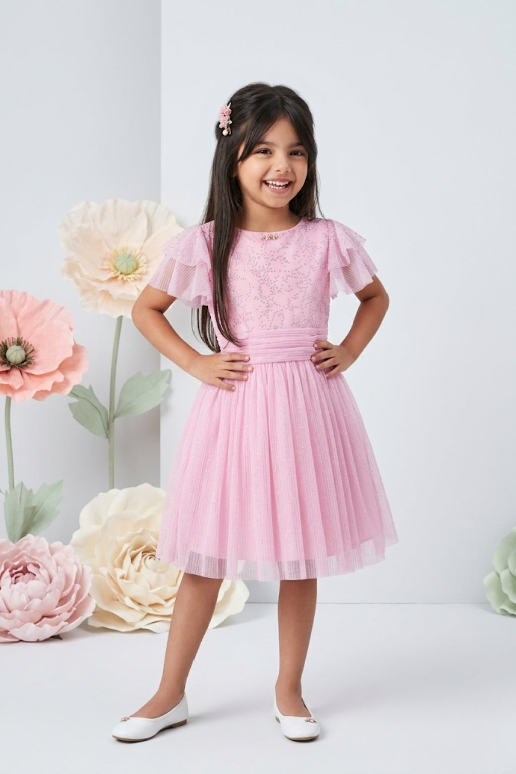 Pink Half Sleeves Glitter Star Print Midi Dress M2014