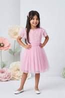 Pink Half Sleeves Glitter Star Print Midi Dress M2014