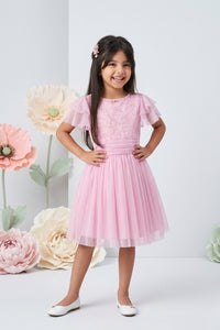 Pink Half Sleeves Glitter Star Print Midi Dress M2014