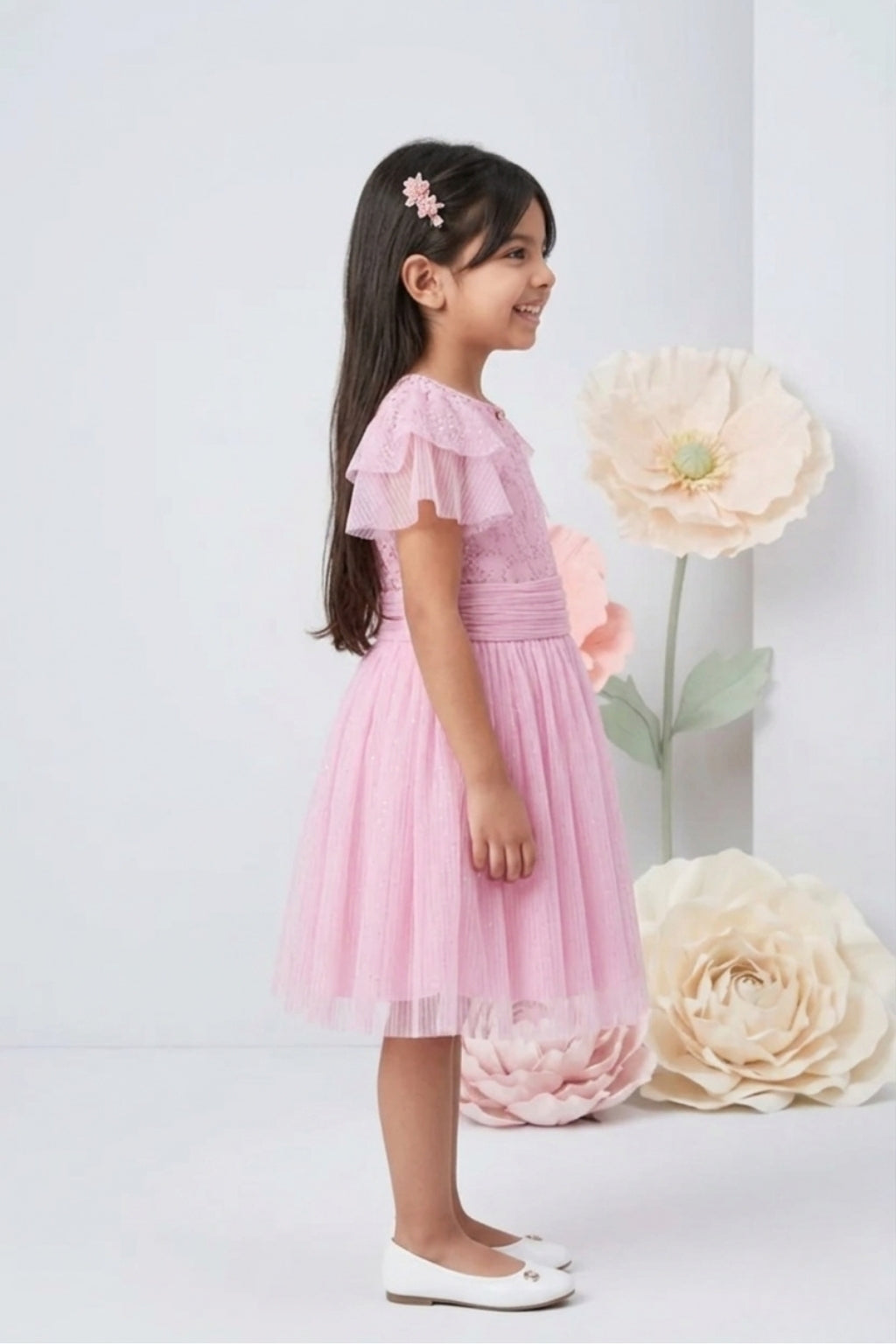 Pink Half Sleeves Glitter Star Print Midi Dress M2014