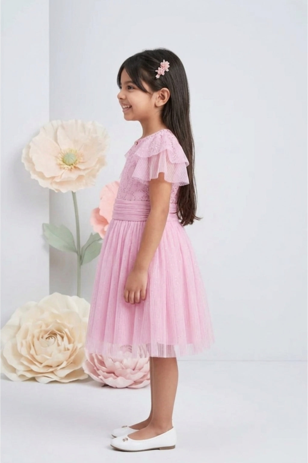 Pink Half Sleeves Glitter Star Print Midi Dress M2014