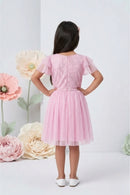 Pink Half Sleeves Glitter Star Print Midi Dress M2014