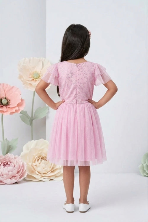 Pink Half Sleeves Glitter Star Print Midi Dress M2014