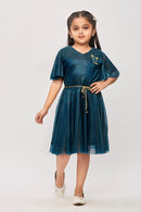 Peacock Green Shimmer Flutter Sleeve Dress M2015