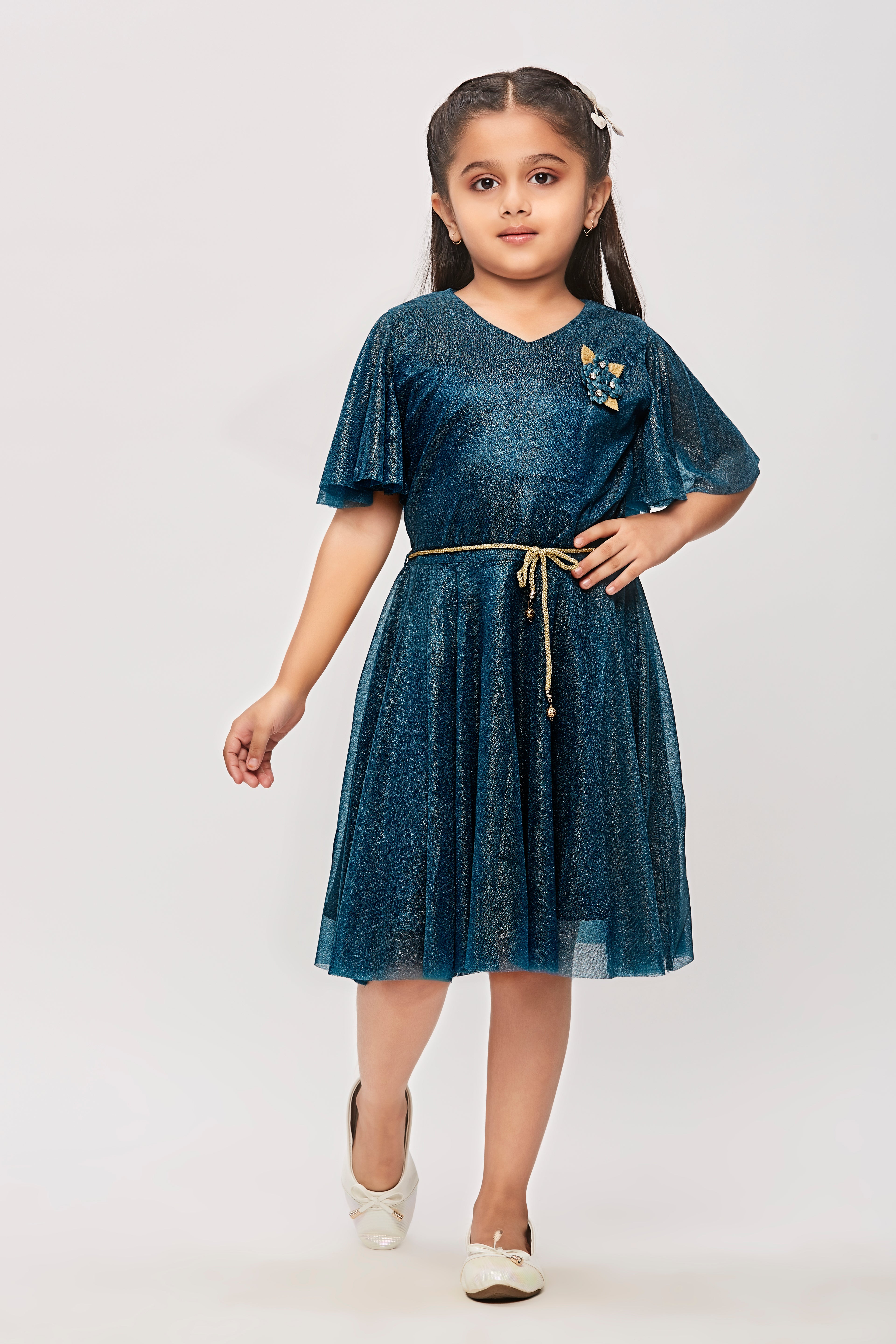 Peacock Green Shimmer Flutter Sleeve Dress M2015