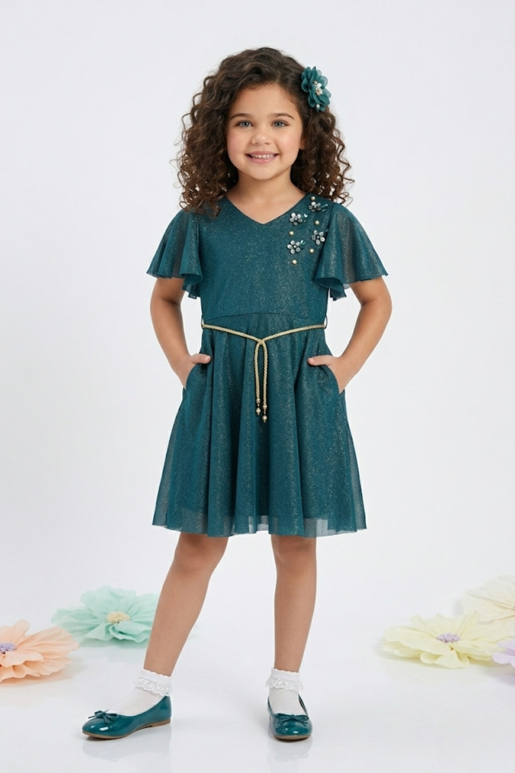 Peacock Green Shimmer Flutter Sleeve Dress M2015