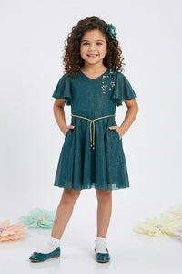 Peacock Green Shimmer Flutter Sleeve Dress M2015