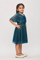 Peacock Green Shimmer Flutter Sleeve Dress M2015