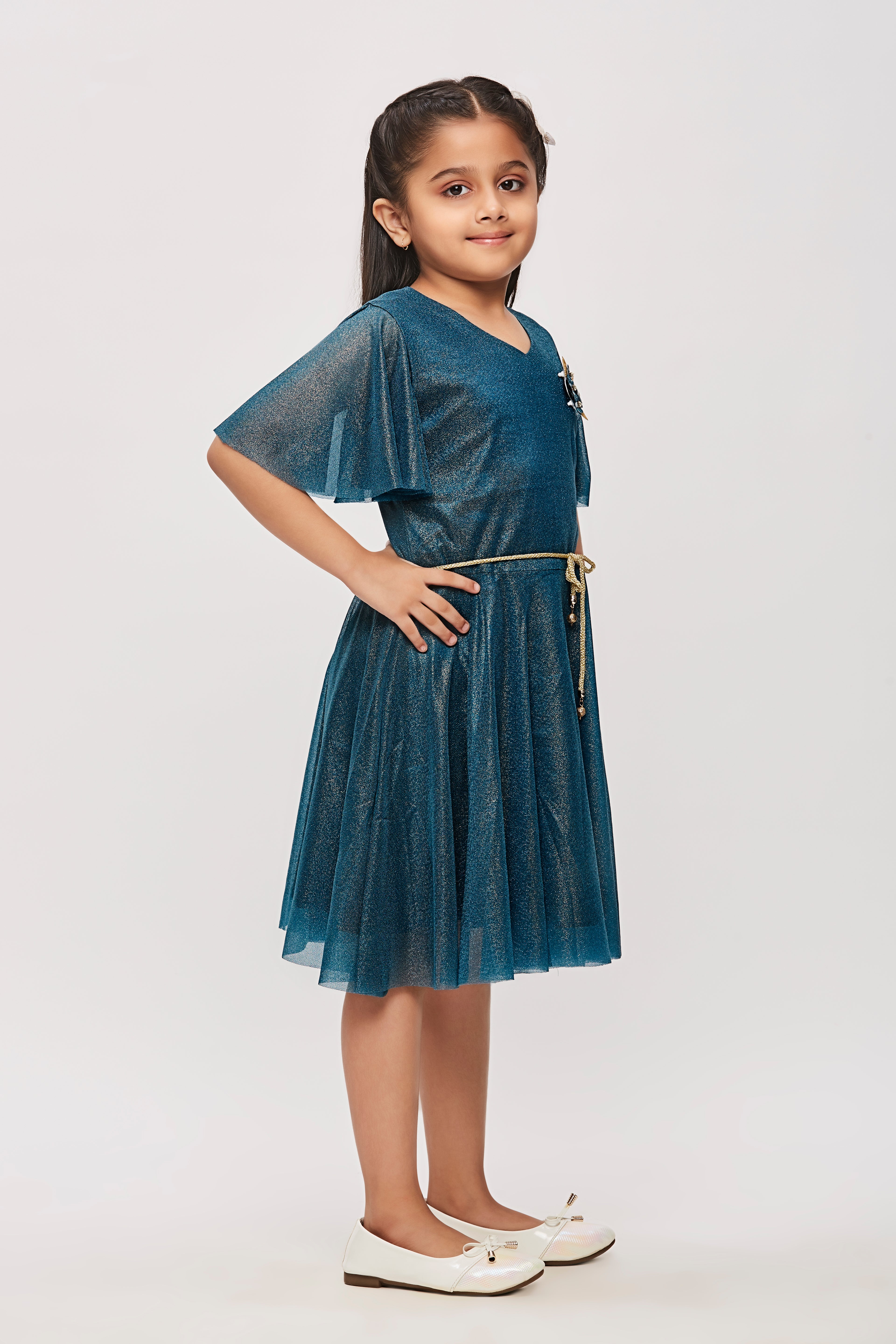 Peacock Green Shimmer Flutter Sleeve Dress M2015