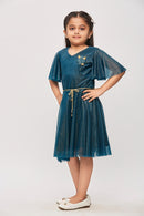 Peacock Green Shimmer Flutter Sleeve Dress M2015