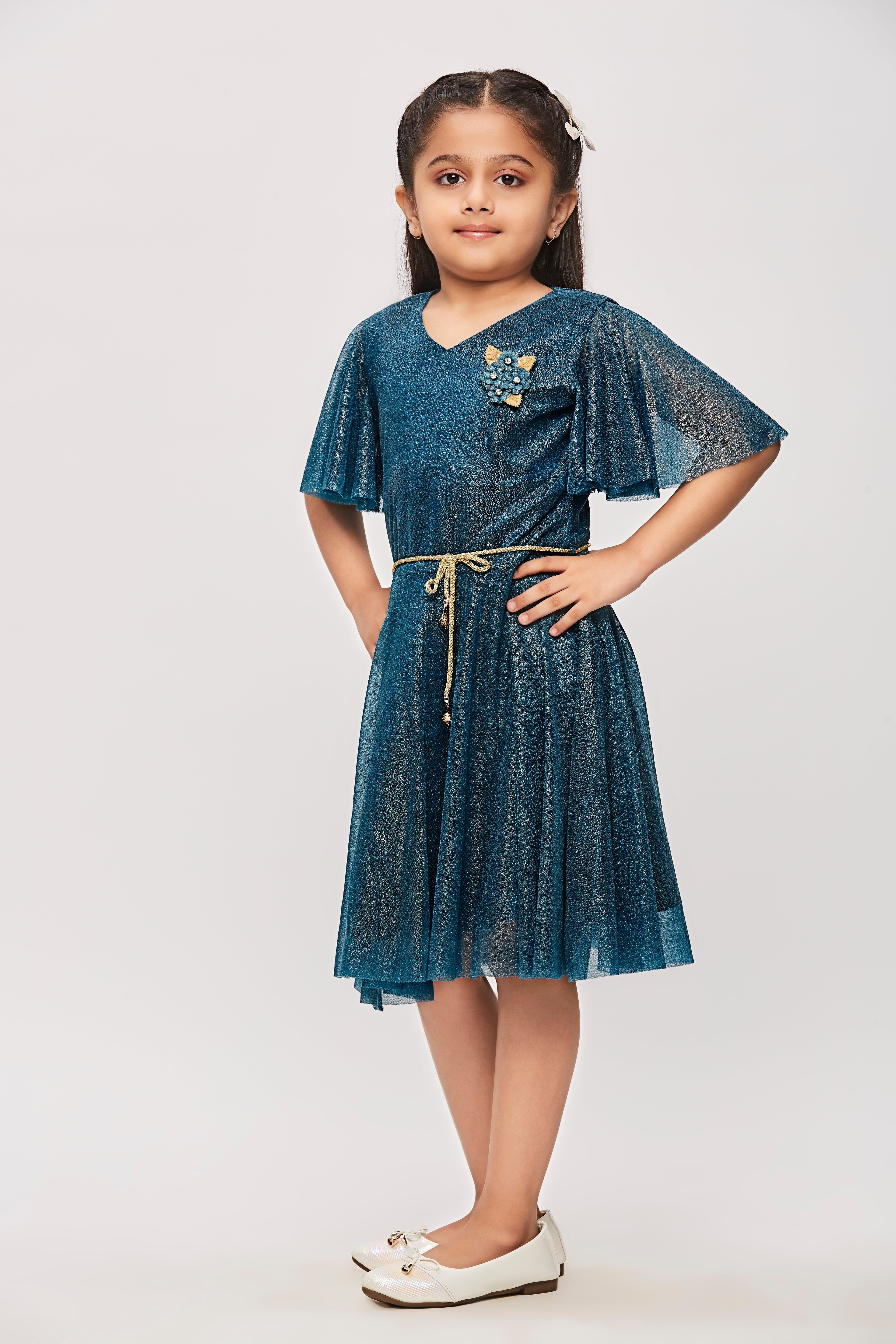 Peacock Green Shimmer Flutter Sleeve Dress M2015