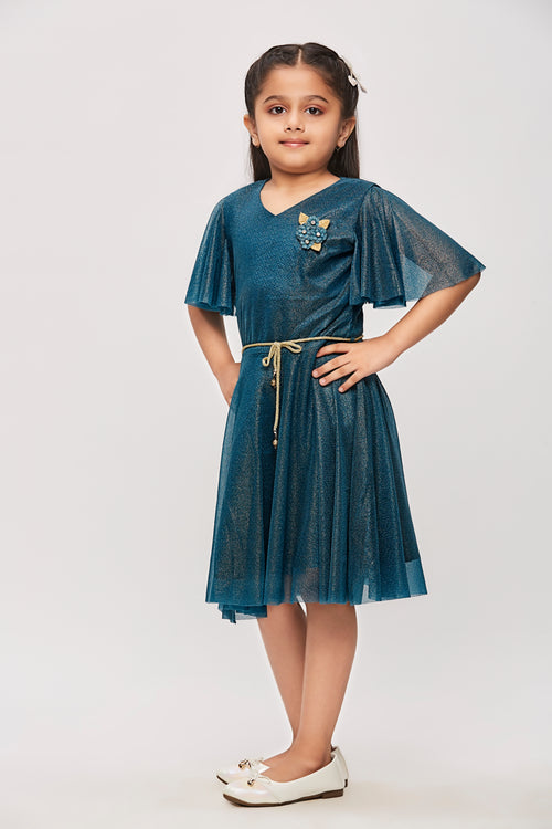 Peacock Green Shimmer Flutter Sleeve Dress M2015