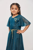 Peacock Green Shimmer Flutter Sleeve Dress M2015