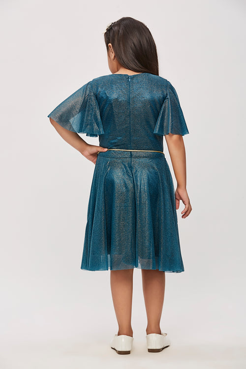 Peacock Green Shimmer Flutter Sleeve Dress M2015