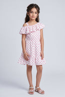 Pink Butterfly Print Ruffle Cold-Shoulder Dress M2020