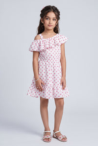 Pink Butterfly Print Ruffle Cold-Shoulder Dress M2020
