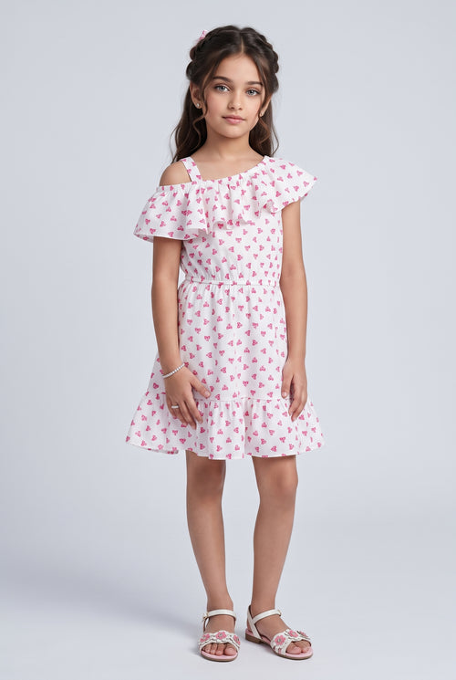 Pink Butterfly Print Ruffle Cold-Shoulder Dress M2020