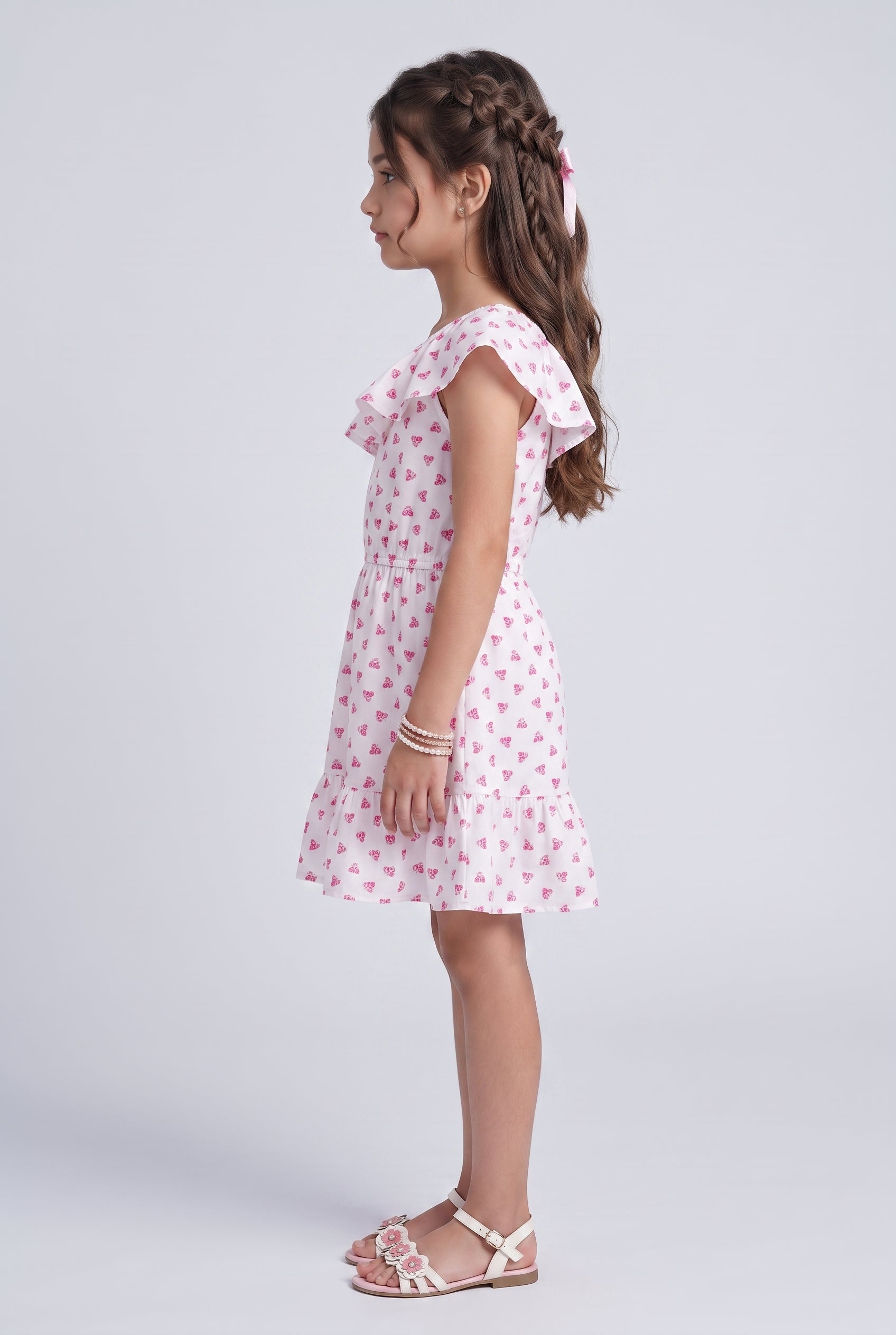 Pink Butterfly Print Ruffle Cold-Shoulder Dress M2020