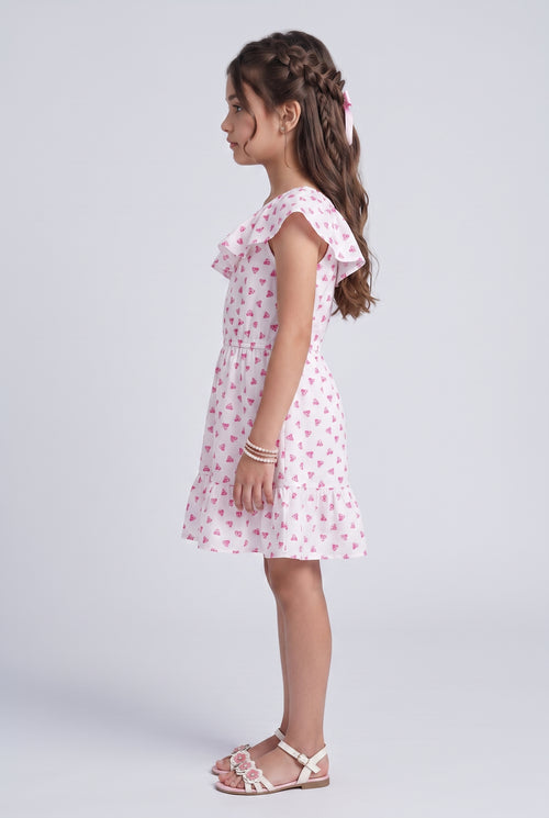 Pink Butterfly Print Ruffle Cold-Shoulder Dress M2020