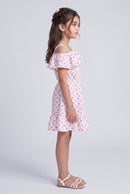 Pink Butterfly Print Ruffle Cold-Shoulder Dress M2020