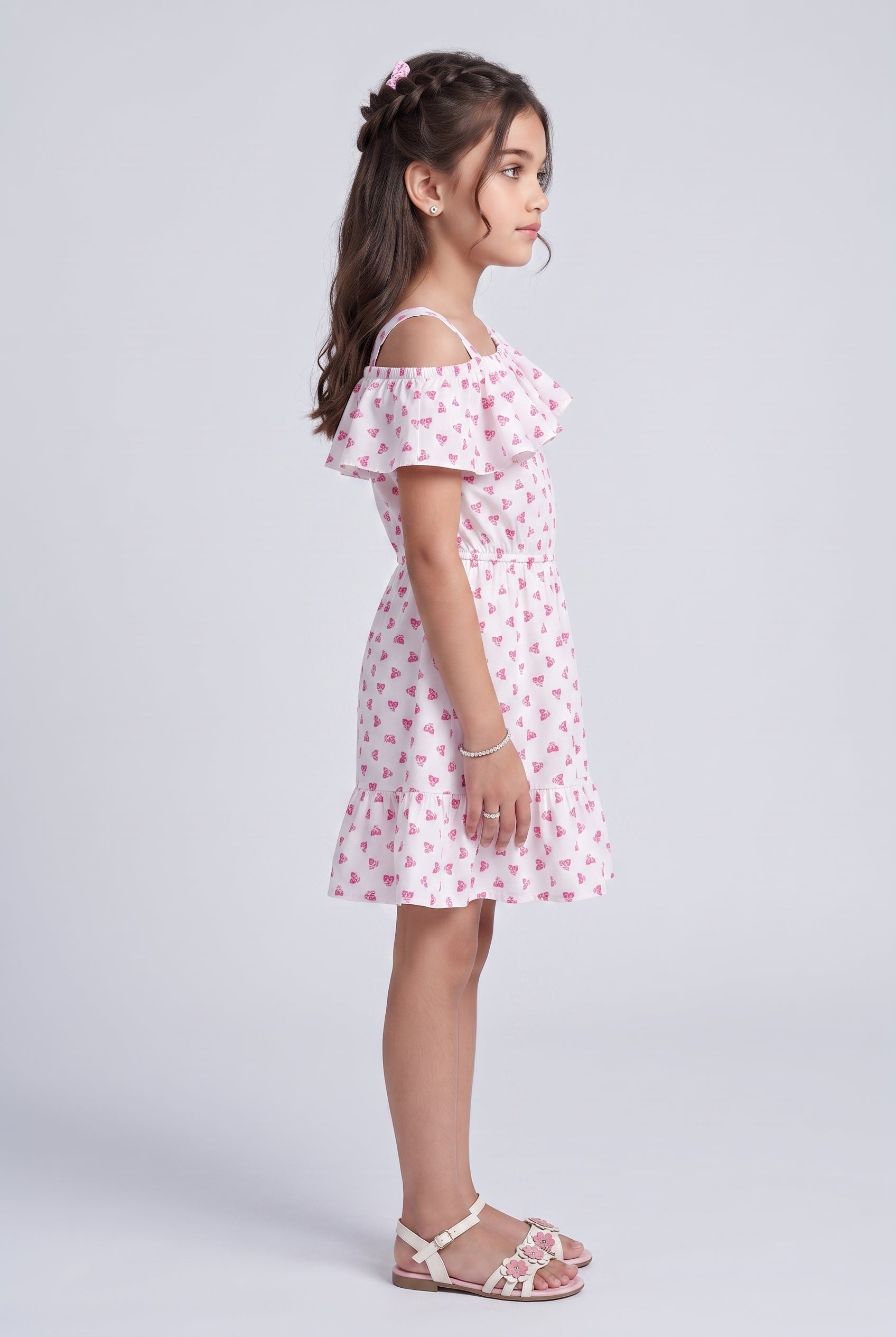 Pink Butterfly Print Ruffle Cold-Shoulder Dress M2020