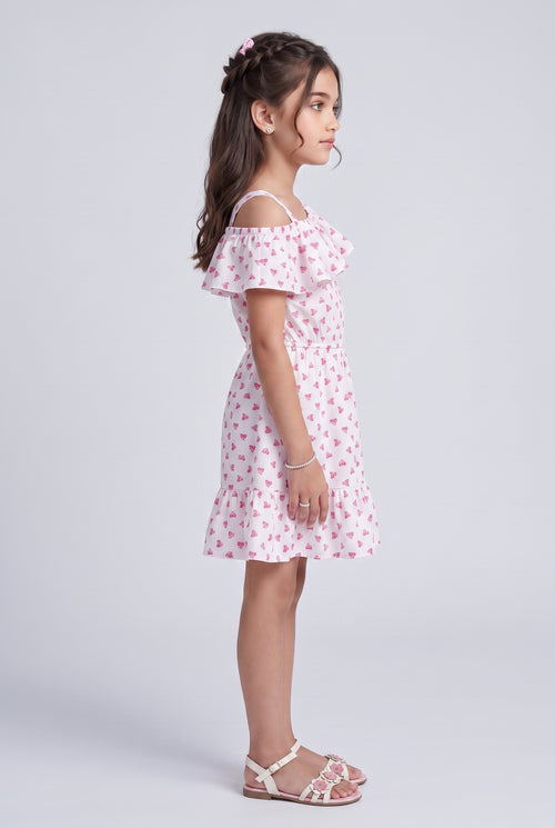Pink Butterfly Print Ruffle Cold-Shoulder Dress M2020