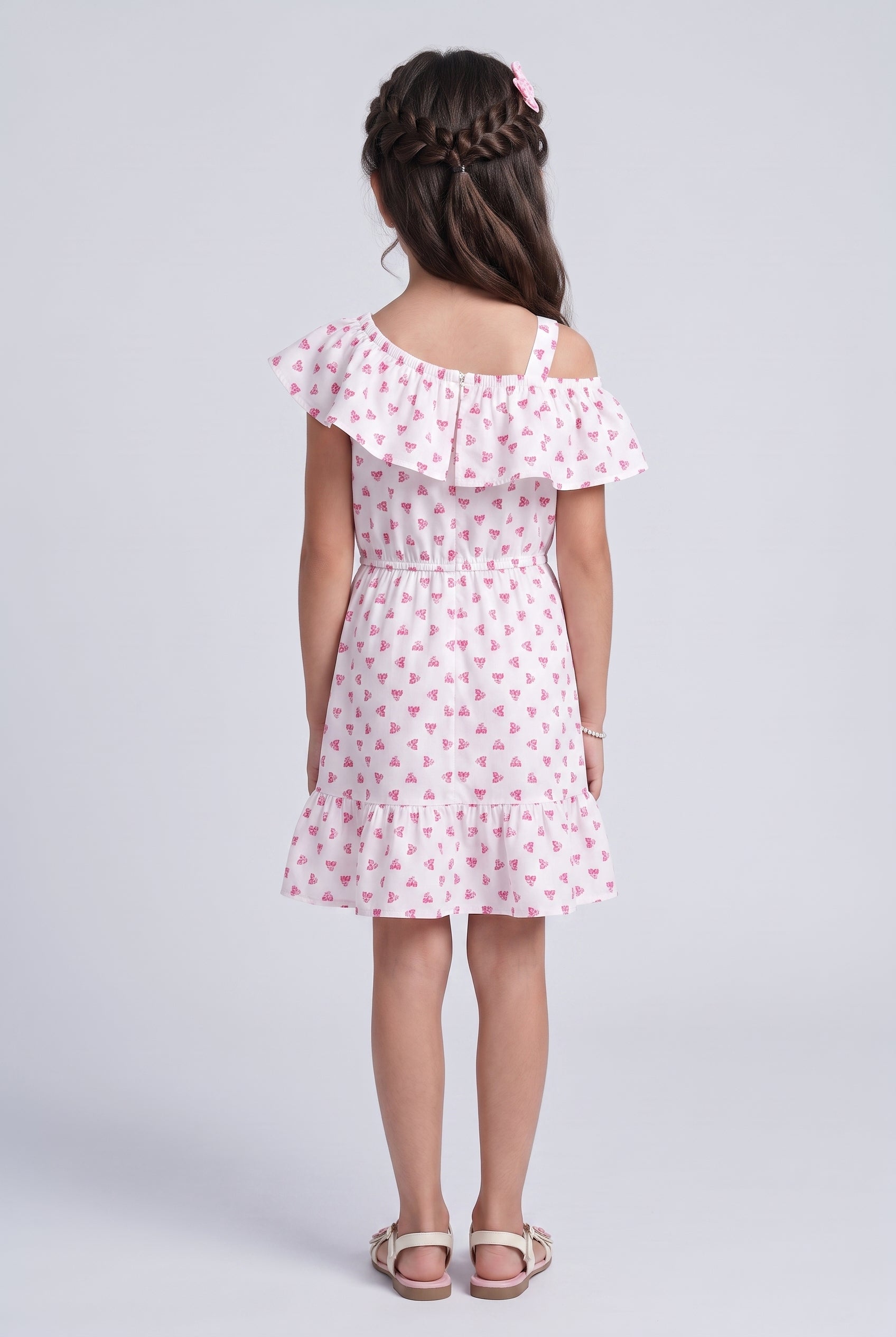Pink Butterfly Print Ruffle Cold-Shoulder Dress M2020