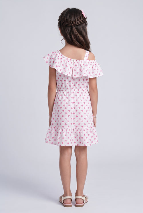 Pink Butterfly Print Ruffle Cold-Shoulder Dress M2020
