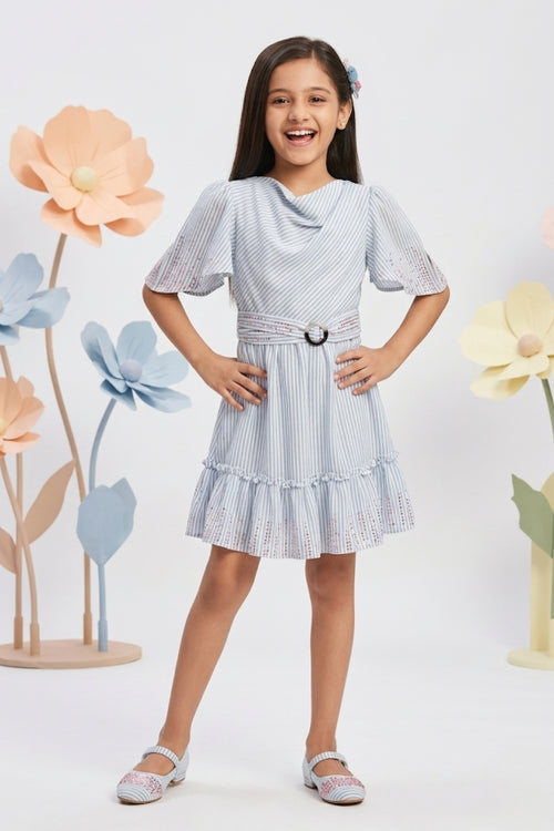 Blue Stripe Fit & Flare Dress with Flutter Sleeves M2032