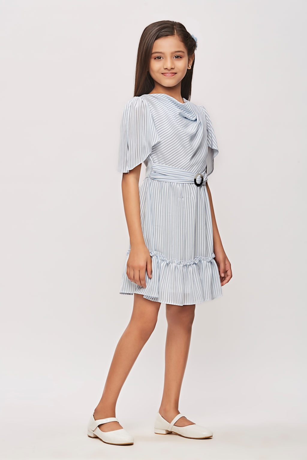 Blue Stripe Fit & Flare Dress with Flutter Sleeves M2032