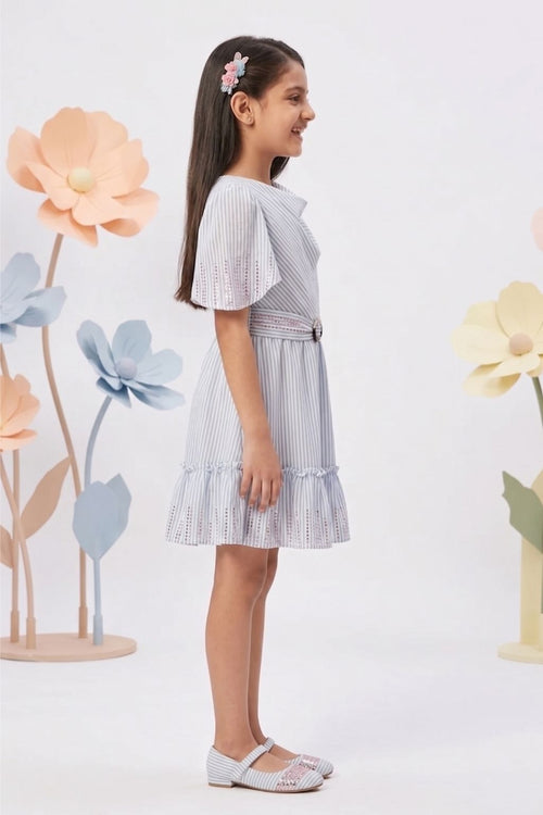 Blue Stripe Fit & Flare Dress with Flutter Sleeves M2032