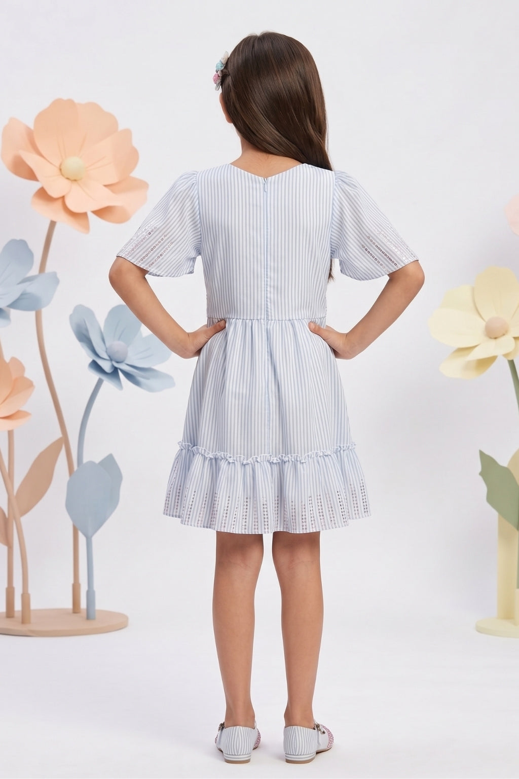Blue Stripe Fit & Flare Dress with Flutter Sleeves M2032