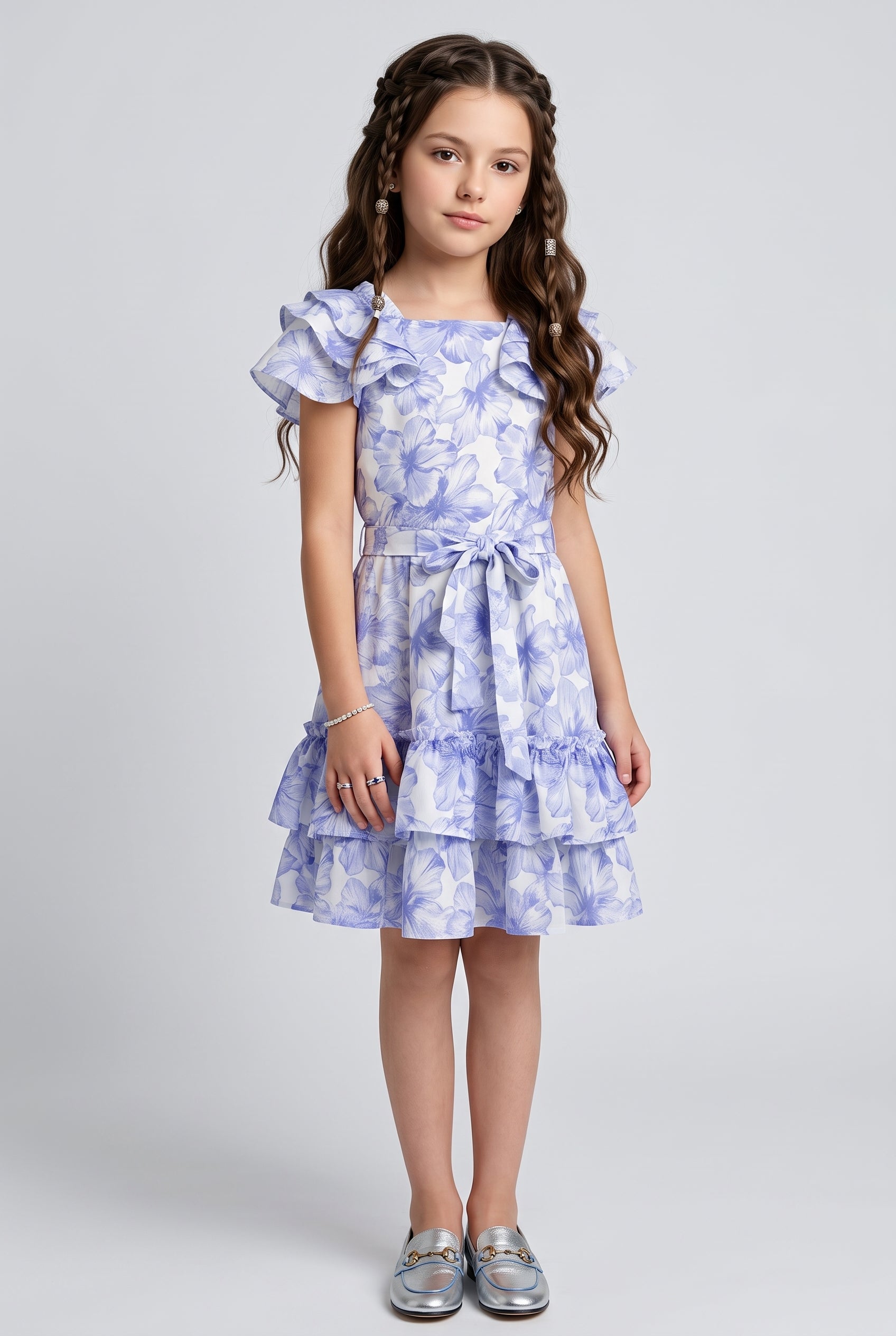 Blue Floral Print Tiered Ruffle Dress M2036