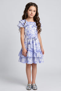 Blue Floral Print Tiered Ruffle Dress M2036