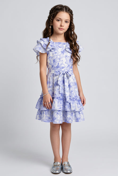 Blue Floral Print Tiered Ruffle Dress M2036