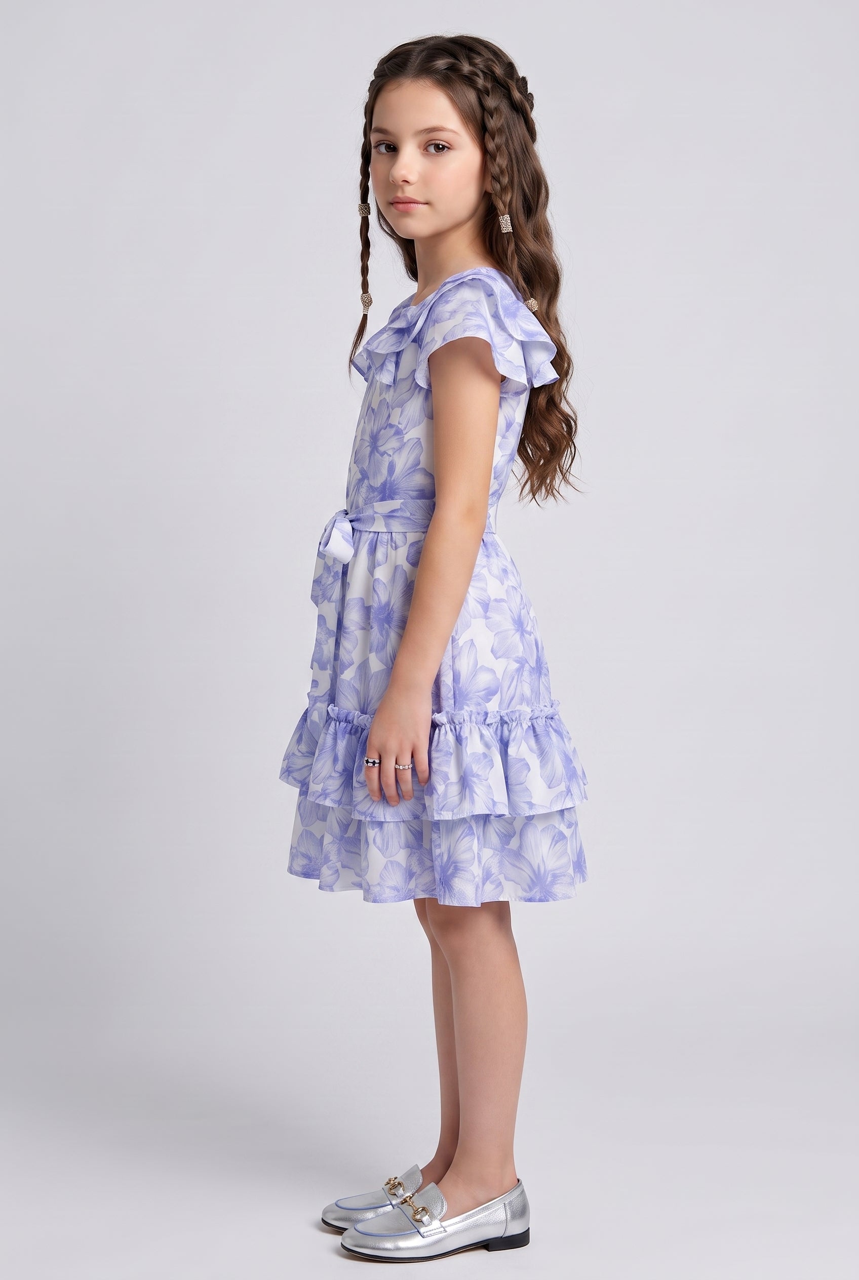 Blue Floral Print Tiered Ruffle Dress M2036