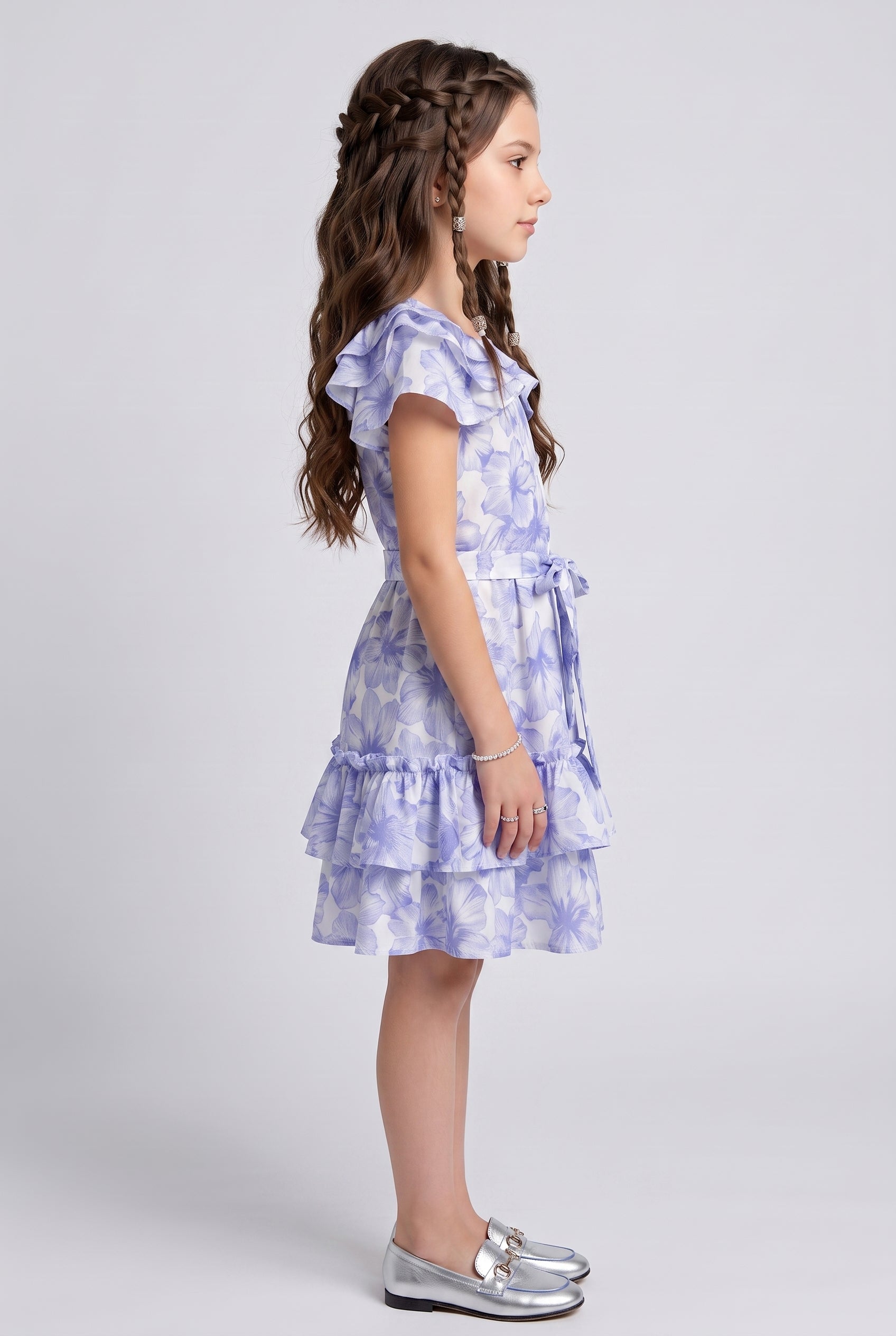 Blue Floral Print Tiered Ruffle Dress M2036