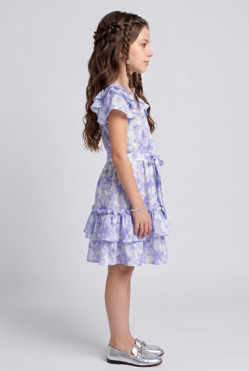 Blue Floral Print Tiered Ruffle Dress M2036