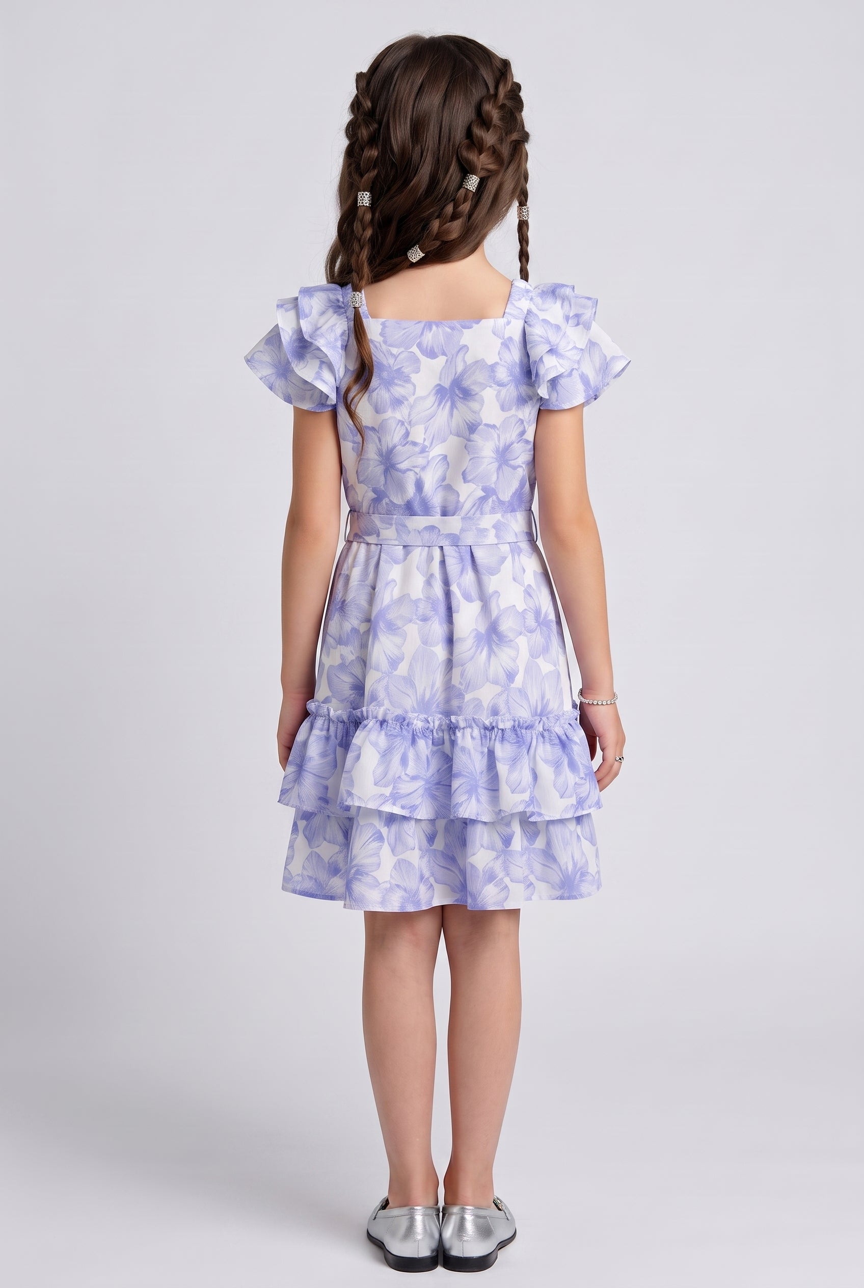 Blue Floral Print Tiered Ruffle Dress M2036