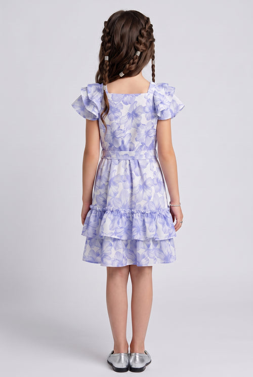 Blue Floral Print Tiered Ruffle Dress M2036