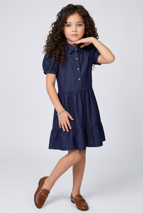 Dark Blue Denim Tiered Shirt Dress  M2048