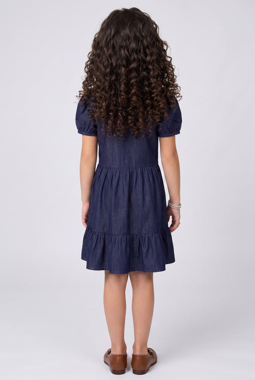 Dark Blue Denim Tiered Shirt Dress  M2048