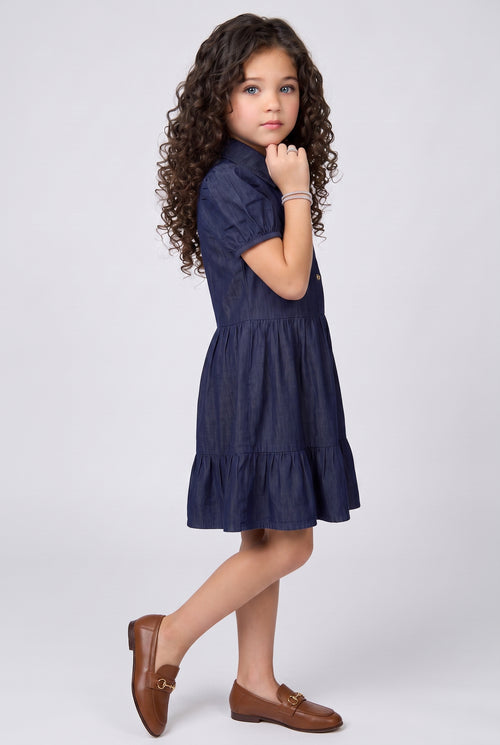 Dark Blue Denim Tiered Shirt Dress  M2048